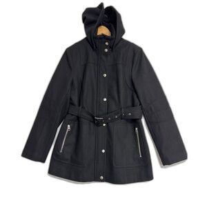 Apt 9 Wool Coat Womens L Hooded Black Belted Zipper/Snap Utility Pea Coat Chic